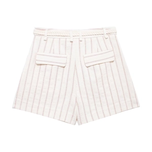 Detail of white striped high-waisted shorts with a red stripe pattern and woven belt