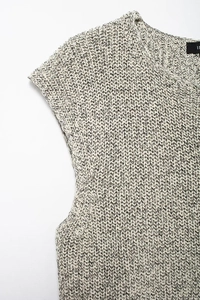Detail of round neck and mixed grey cotton knit texture on this sleeveless vest
