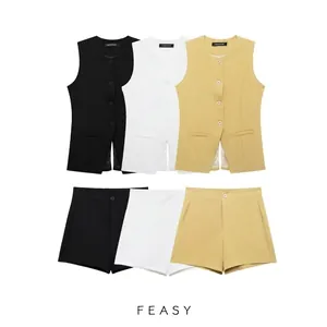 Gilet de Costume Décontracté pour Femmes Et Short Taille Haute Sans Manches Col en V Pour Bureau D'été
