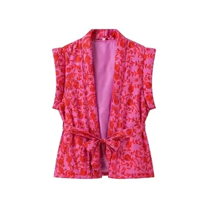 Women Street Fashion Floral Printed Vest Jacket Sleeveless Polyester Padded Waistcoat With Belt V-Neck Autumn Outerwear