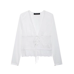 Chemisier Femme Col en V Manches Longues Brodé Avec Nœud à Lacets Élégant Top en Polyester Patchwork de Dentelle Vintage Français