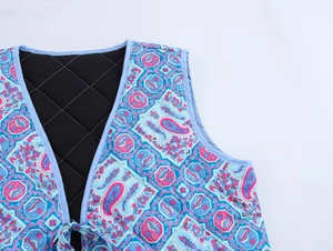 Détail de la veste matelassée à motif cachemire avec col en V et fermeture à nouer