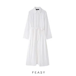 Women Elegant Solid Color Long Sleeve Shirt Midi Dress High Waist With Bow Tie Belt Single Breasted Polyester Swing Dress
