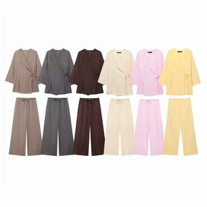 Women's two-piece linen set with V-neck wrap top and wide-leg trousers in six colors
