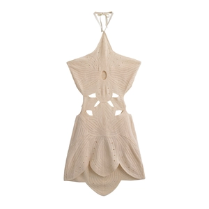 Beige halter neck crochet hollow-out dress with star bodice and petal-layered skirt