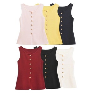 Women Ribbed Knit Vest Single Breasted Gold Buttons Round Neck Sleeveless Sweater Waistcoat Chic Streetwear Casual Top
