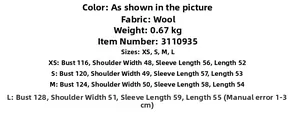 Detailed sizing chart with measurements for the loose fit bomber jacket in wool fabric