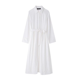 Classic white long sleeve shirt midi dress with a waist tie belt and lapel collar