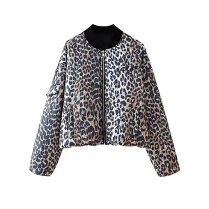 Women Fashion Leopard Print Bomber Jacket 100% Polyester Zipper Up Stand Collar Outerwear Utility Sleeve Pocket Streetwear Coat