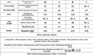 Size chart for women's printed quilted jacket showing XS to L dimensions and fabric details