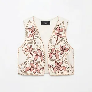 Gilet da Donna Bohemien con Ricamo Floreale e Specchietti Scollo a V Senza Maniche Gilet Corto Etnico Casual Top Estivo