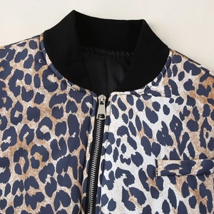 Women's animal print bomber jacket with leopard pattern and metal zipper closure