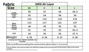 Detailed size chart for women suede jacket showing measurements in CM and fabric info