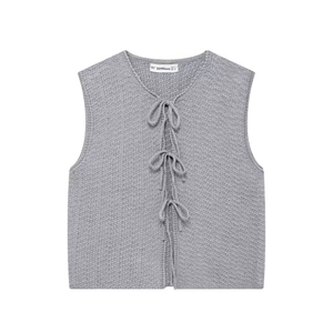 Gilet en maille grise pour femmes avec col en V, nœuds décoratifs et texture ajourée