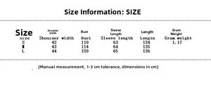 Size chart for women's long leather jacket with shoulder, bust, and sleeve measurements
