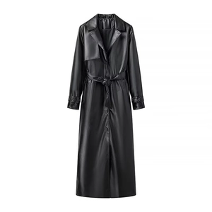 Women's black long faux leather trench coat with waist belt and lapel collar