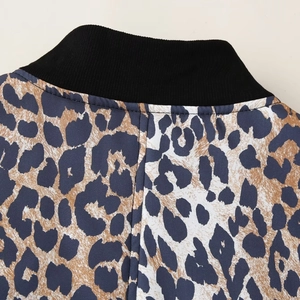 Women's summer leopard print zipper jacket with black ribbed knit collar detail