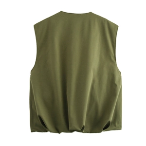 Detail view of the olive green V-neck vest back with textured polyester fabric and elastic hem