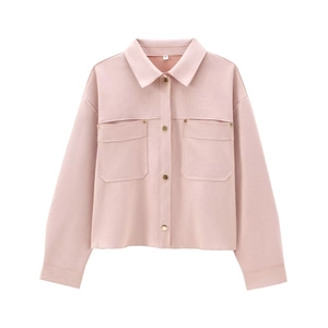 Women's pink suede-texture jacket with gold buttons and dual chest pockets