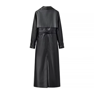 Women's chic black long leather trench coat featuring back storm flap and belted waist