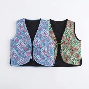 Gilet Matelassé Femme Imprimé Paisley Vintage Style Bohème Ethnique Sans Manches à Lacets Streetwear Automne Vêtement Chaud Rembourré