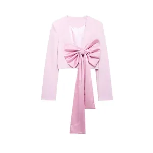 Blazer Court Rose Élégant pour Femmes Avec Grand Nœud en Satin Doux Col en V Manches Longues Lien à Nouer Mode