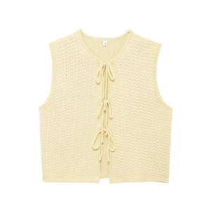 Gilet en maille sans manches jaune pâle avec nœuds et texture ajourée pour femme
