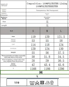 Detailed size chart for gray polyester wool-like coat with fabric care and measurements