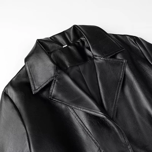 Close-up of black PU leather coat featuring classic lapels and refined stitching details