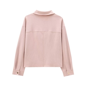 Pink faux suede long sleeve jacket with golden cuff buttons and turn-down collar