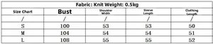 Detailed size chart for women knit sweater with bust shoulder and length measurements