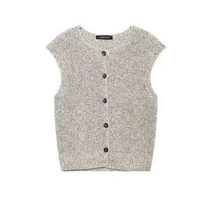 Women Casual Knit Vest Round Neck Sleeveless Melange Gray Button Down Knitted Sweater Waistcoat Autumn Fashion Top