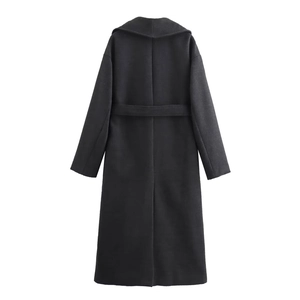 Rear view of a black wool coat with big lapels and matching belt in minimalist style