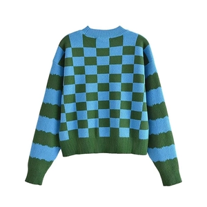 Women's crew neck knit sweater with blue and green checkerboard and striped sleeves