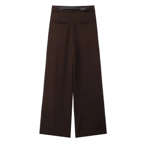 Pantalon femme marron foncé taille haute à jambe large avec poches arrière décoratives