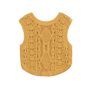 Schickes senfgelbes Häkel-Top mit aufwendigem Rautenmuster und Strickdetails