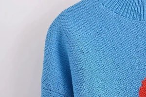 Macro detail of sky blue knit sweater showing ribbed crew neck and red pattern accents