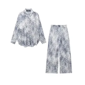 Women Casual Outfit Snake Print Long Sleeve Button Shirt And High Waist Wide Leg Pants Elegant Commuter Office Autumn Suit