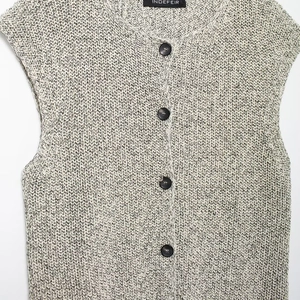 Women's crewneck knit vest in heather gray cotton with thick ribbing and buttons