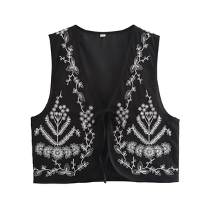 Schwarze ärmellose Damen-Weste im Vintage-Stil mit floraler Bestickung und Bandschnürung