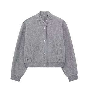 Classic grey wool-blend bomber jacket with snap buttons and ribbed trim details