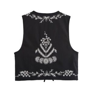 Damen Retro Bestickte Weste Mit Blumenmuster V-Ausschnitt Ärmelloses Kurzes Taillenoberteil Ethno-Stil Schwarz Boho Damen Top