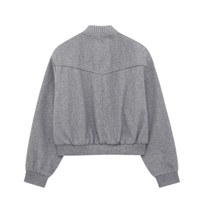 Back view of a grey wool blend bomber jacket with ribbed collar and V-shaped stitching