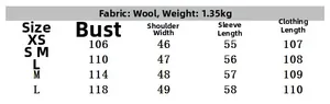 Detailed size chart for the women's wool coat with measurements for XS to L sizes