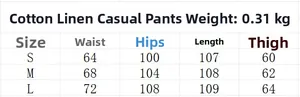 Size chart for women linen blend high waisted casual pants set showing S to L measurements