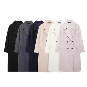 Flat lay of multiple colors for double-breasted wool blend coats with notch lapels