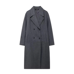 Women's long charcoal grey double-breasted wool coat with notch lapel and side pockets