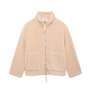 Veste en polaire beige à col montant avec fermeture éclair et grandes poches