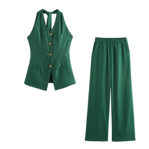 Women's dark green two-piece set featuring halter neck vest and wide leg trousers