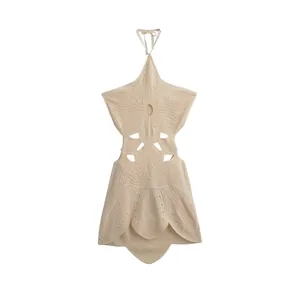 Beige crochet halter neck dress with geometric cut-outs and scalloped hem for vacation